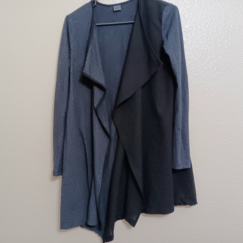 Crea Concept Gray Mixed Media Jersey Knit Chiffon Colorblock Open Cardigan